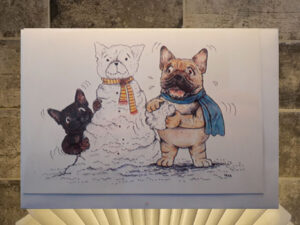 Frenchie with snowperson
