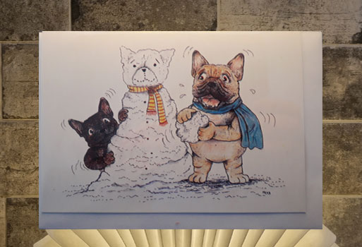 Frenchie with snowperson