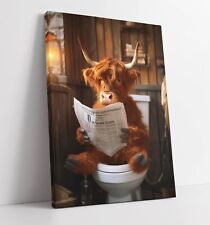 HIGHLAND COW READING ON TOILET BATHROOM DECOR CANVAS WALL ART PICTURE PRINT
