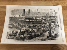1856 illustrated london news print . embarkation of artillery at balaclava